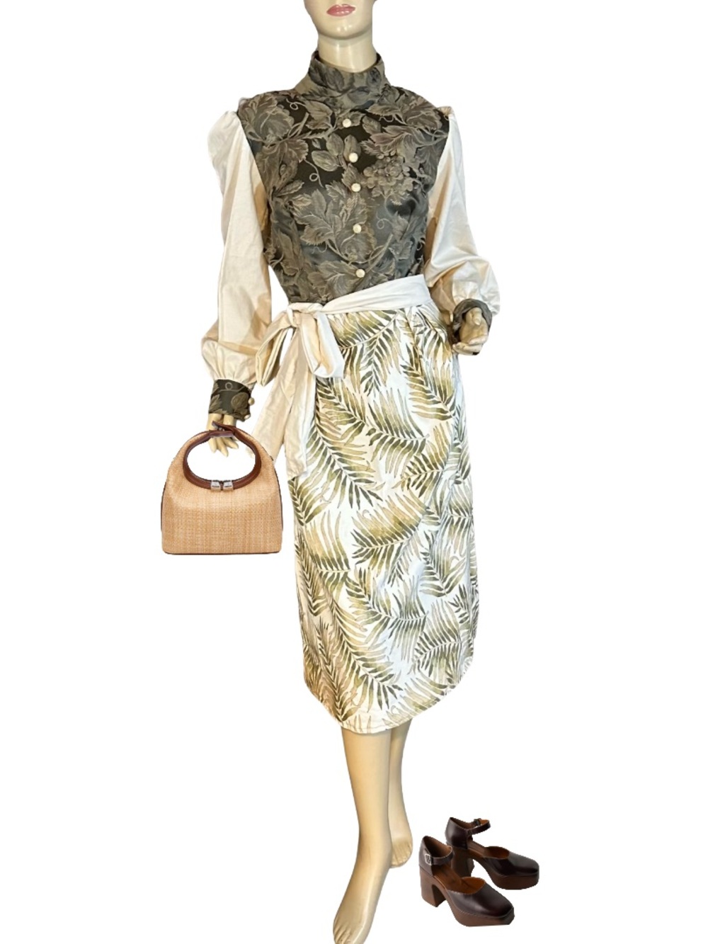 HANDMADE RETRO PATTERN GREEN & CREAM MIXED PRINT DRESS (APPX S)